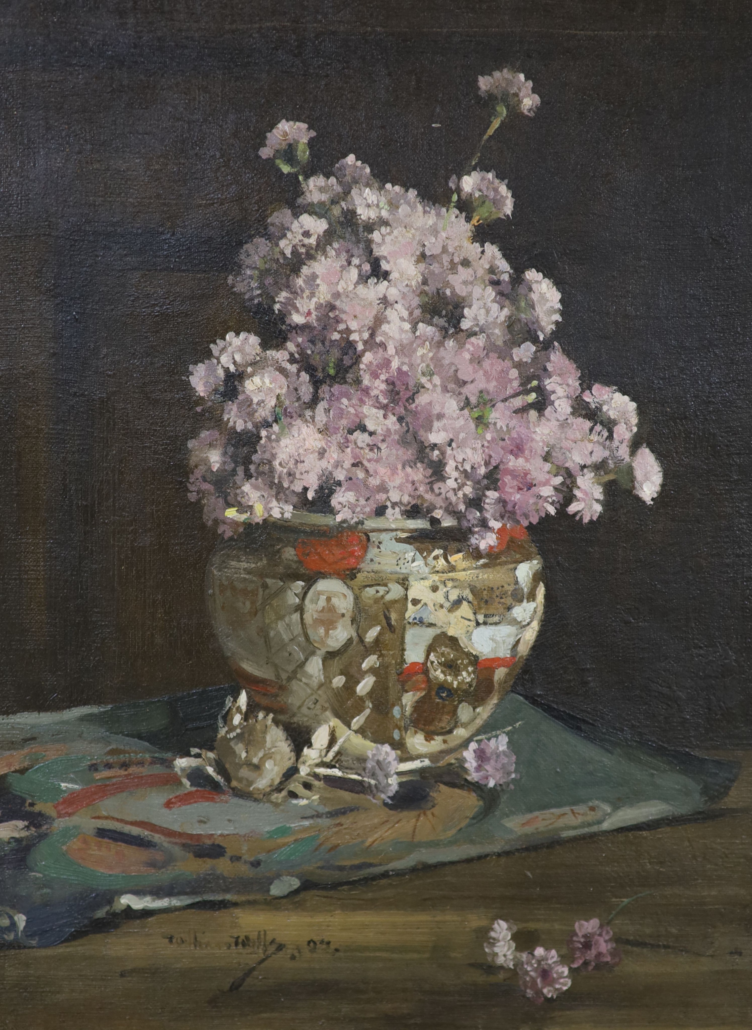 William Wills (19th C.), oil on canvas, Still life of flowers in a Satsuma bowl, signed and dated 04, 40 x 31cm.